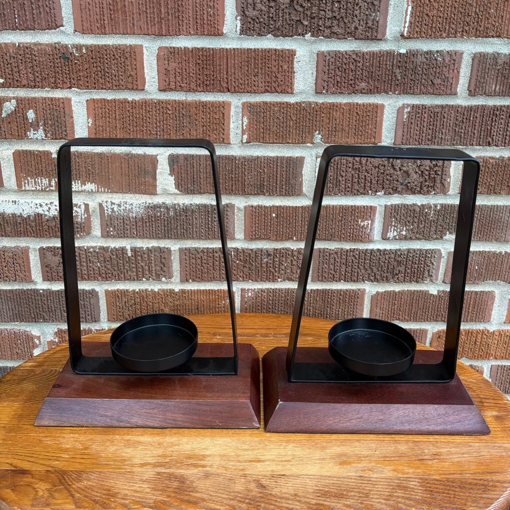 Metal pillar candle holders with metal base Rustic Ranch Cabin Western Set of 2